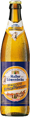 Das Bier Haller Löwenbräu Haalgeist Hefe KristallWeizen wird hier als Produktbild gezeigt.